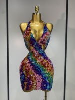 Robe mini dos nu à bretelles pour femme, ornée de diamants colorés, sexy, de luxe, pour célébrités, soirée d'anniversaire, soirée, boîte de nuit, scène