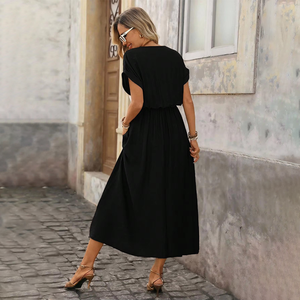 Abito lungo estivo da donna marrone con scollo a V e vita naturale, in tessuto ecologico traspirante, casual per vacanze, pendolarismo e appuntamenti - Product Image 4