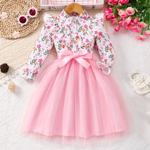 Vestito da bambina 2-12 anni a maniche lunghe con fiocco sul collo, in poliestere floreale a rete, con cintura intrecciata, design da principessa, novità primavera - Product Image 2