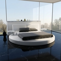 Lit Rond Moderne Rembourré avec Plateforme Circulaire, Table d'Appoint Intégrée, Base Basse, Tête de Lit à 2 Panneaux en Cuir pour Appartement et Hôtel
