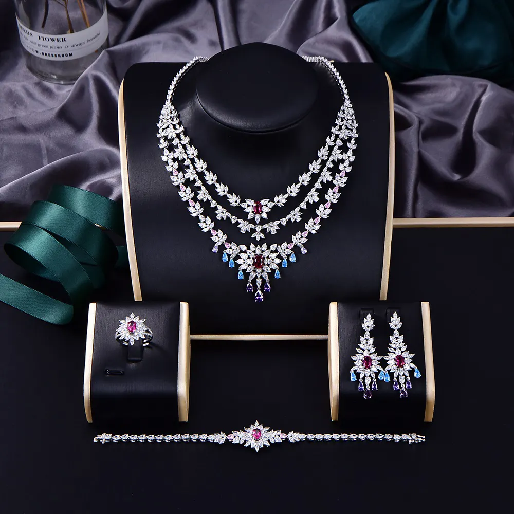 Blossom CS perhiasan Fashion Dubai India mewah perak Rhodium berlapis batu permata kubik zirkon 925 perak perhiasan bagus Set untuk wanita