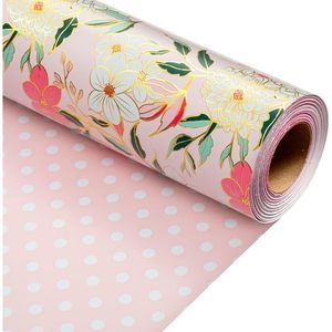Maypluss Pink Floral Wrapping <b>Paper</b> Roll 17Inch x 33Feet Gold Edge Design For Wedding Bridal Shower Birthday Gift Wrap - Product Image 1