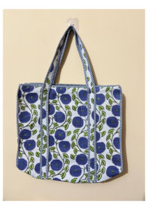 Sac fourre-tout matelassé en coton à motif floral bleu, imprimé floral personnalisé, ensemble de 3 pochettes, sac de marché, sac à bandoulière, prix de gros - Product Image 3