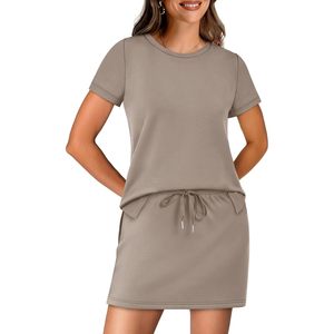 Conjunto de Falda de 2 Piezas para Mujer, Manga Corta, Cuello Redondo, Tejido de Punto, Informal, Transpirable, para Todas las Temporadas, con Bolsillos, Ideal para Viajar - Product Image 2