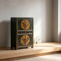 Armoire de présentation rétro en bois fait main, avec peinture florale patinée, organisateur pour appartement et salon