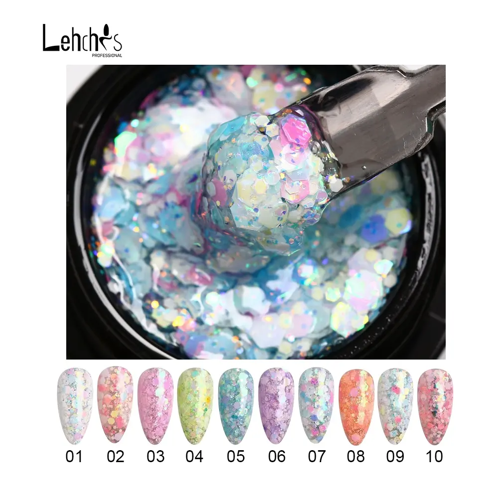 Lehchis OEM New Nail Art Colours UV Gel 15ml Jar Colorful Hexagon Galaxy Reflective Glitter Flakes Summer Colors 2022 Gel Polish
