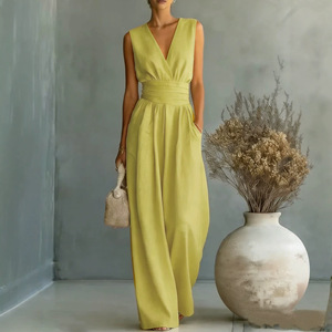 Nuova Collezione Primavera Estate 2026: Elegante <span class=keywords><strong>Tuta</strong></span> Intera da <span class=keywords><strong>Donna</strong></span> Senza Maniche con Scollo a V, Vita Stretta, Lunghezza Intera, Tinta Unita in Misto <span class=keywords><strong>Lino</strong></span> - Product Image 2