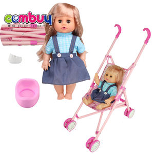 รถเข็นตุ๊กตาเด็กผู้หญิงขนาด 14 นิ้ว พร้อมโถปัสสาวะและแก้วน้ำ ของเล่นจำลองวัสดุไวนิลเนื้อนุ่ม - Product Image 1