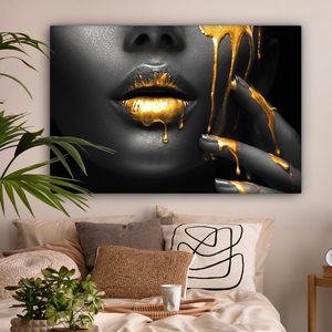 MuchoWow Art mural sur <span class=keywords><strong>toile</strong></span> moderne noir et or avec visage et lèvres, 120x80cm, décoration pour salon et chambre, cadeau - Product Image 6