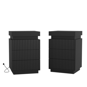 Set di 2 Comodini Neri con Stazione di Ricarica, Tavolino da Notte con Pannello Ondulato e Piano Scorrevole - Product Image 1