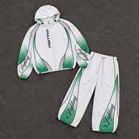 Ensemble de survêtement Techwear futuriste vert dégradé, veste à capuche streetwear et pantalon large, design à lignes courbes, ensemble sport décontracté