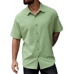 2025 Áo sơ mi nam mới giản dị poplin kích thước lớn Ngắn Tay Nút xuống đồng bằng nhuộm màu đậu xanh Polyester/cotton chống Đóng cọc - Product Image 2