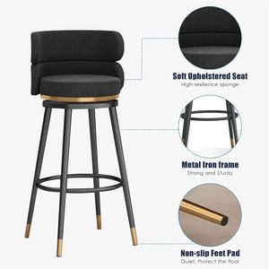 Taburetes de Bar Ajustables de Terciopelo para Hoteles Comerciales Modernos, Muebles de Bar Giratorios, Altura de Barra, <span class=keywords><strong>Cocina</strong></span>, Comedor, Sala de Estar, Metal Negro - Product Image 6