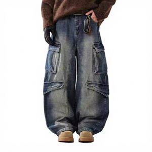 Pantalones Cargo Anchos de Mezclilla Vintage para Hombre, Estilo Urbano, OEM ODM, Hip Hop, Lavados, para Primavera, Verano y Otoño, con Botones - Product Image 1