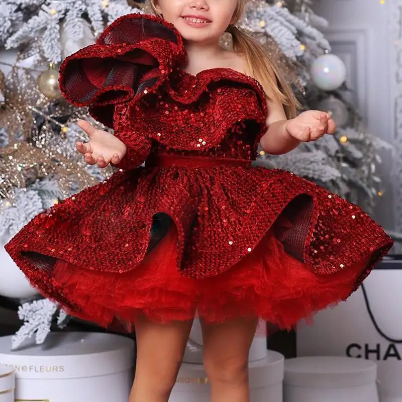 Wholesale new Oblique shoulder gown dress girls party dresses for baby girls red pretty party dresses
