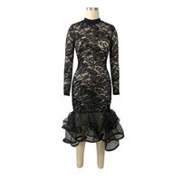 Robe en dentelle blanche et noire à ourlet volanté très extensible et élastique, sexy, transparente, élégante pour femme