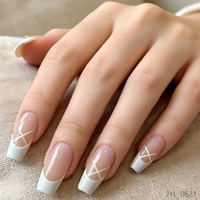 Faux ongles à presser de style français, blancs, pré-dessinés, en ABS, forme cercueil, longueur moyenne, lot de 24 embouts d'ongles