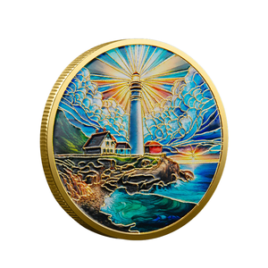 Moneta Nautica Intagliata e Placcata Oro a Tema Faro e Oceano, Personalizzata Direttamente dalla Fabbrica, Simbolo Moderno Religioso Portafortuna per Anniversari - Product Image 1