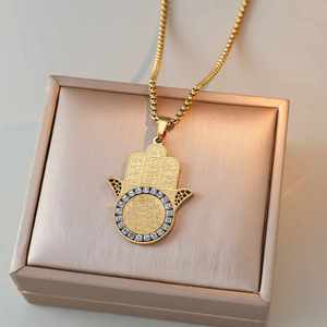 Collar de Moda Religiosa Musulmana Árabe con Colgante de Acero Inoxidable con Diseño de Ayatul Kursi, <span class=keywords><strong>Palma</strong></span> y Zirconia, para Eid - Product Image 1