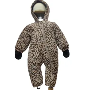 Hot sales baby kids romper winter collection leopard design hooded warm clothes Khaki newborn cotton coverall