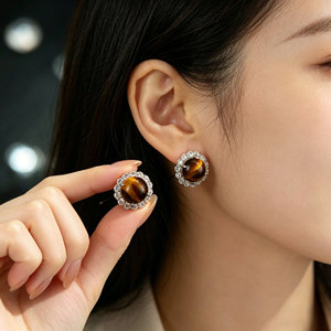 Stud Earrings Red Agate Bezel Setting 925 Silver <b>Post</b> <b>Round</b> Ball Shape Fashion Jewelry Gift - Product Image 2