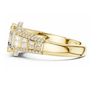 Bague de fiançailles taille Asscher en or jaune avec halo de diamants, baguettes et pavé, large bande, bague statement, bijoux de mariée élégants - Product Image 2