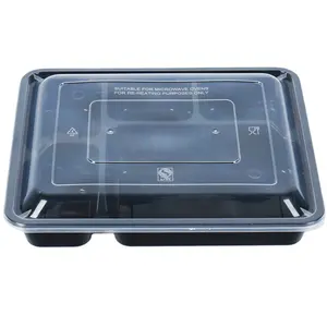 Caja desechable rectangular negra para llevar, contenedores de comida rápida seguros para microondas, 1 6 compartimentos, comida rápida estampada en relieve