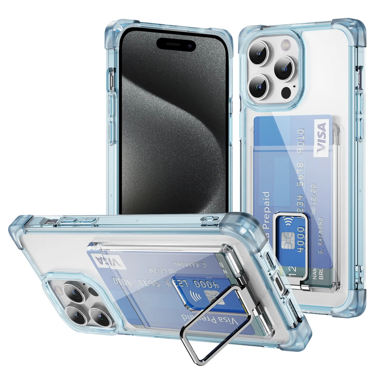 Venta caliente TPU PC tacto suave para iPhone 14 15 pro Max funda transparente para teléfono móvil con soporte para tarjetero billetera