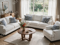 Ensemble de canapés en tissu de style américain avec pieds et coussins en bois massif, canapé de salon pour villa, appartement, salon