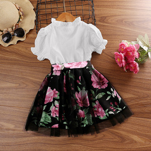 Set di abbigliamento personalizzato per bambini <span class=keywords><strong>in</strong></span> cotone poliestere con colletto a volant camicia con <span class=keywords><strong>Tulle</strong></span> stampa floreale gonna per bambini fascia d'età - Product Image 2