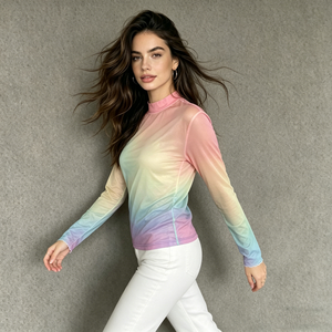 <strong>Women's</strong> <strong>Top</strong> <strong>Rainbow</strong> Printed Mesh See Through Shirts O-neck Long Sleeve Fashion <strong>Tops</strong> - Product Image 6