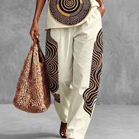Ensemble décontracté 2 pièces - Blouse à col en V et manches courtes, pantalon ample taille haute à jambes larges avec poches, couleur contrastante, taille élastique