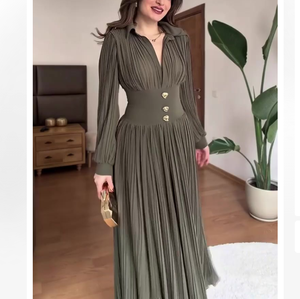 Abito Lungo da Sposa in Chiffon Plissettato per <span class=keywords><strong>Autunno</strong></span> e Inverno, Vestito da Cerimonia con Maniche Lunghe e Scollo a V, Abito da Festa con Strascico - Product Image 5
