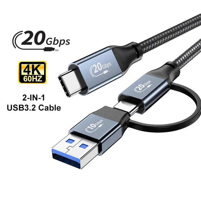 USB-C 3.2 Gen 2X2 20Gbps Nylon Jacket Fast Charging 2in1 8K 60Hz UHD Video Type-C Cable