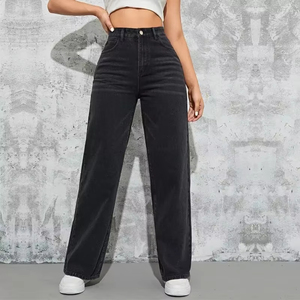 All'ingrosso autunno <span class=keywords><strong>donna</strong></span> <span class=keywords><strong>Jeans</strong></span> lavato blu svasato Logo del cliente alto a <span class=keywords><strong>vita</strong></span> alta con bottoni elastici <span class=keywords><strong>Jeans</strong></span> da <span class=keywords><strong>donna</strong></span> - Product Image 4