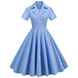 Casual Cotton Tunic Short Sleeve Blue Yellow Striped Vintage Dress Summer Women Hepburn Style Party Long Midi Dresses VD3116