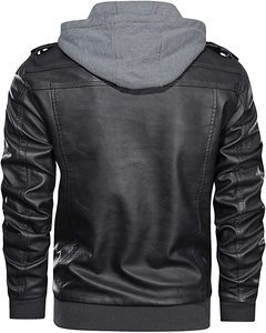 Vintage Men's Customize Faux Leather <b>Jacket</b> Winter Motorcycle Biker Cafe <b>Racer</b> <b>Jacket</b> with Fleece Removable Hood OEM Wholesaler - Product Image 3