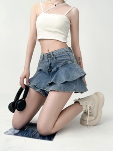 2026 High Waist A-<b>line</b> Slim Cute Sexy Mini <b>Jean</b> Pleated 2 Layers Skirt Women Denim Short Skirt With Safety Pants - Product Image 2