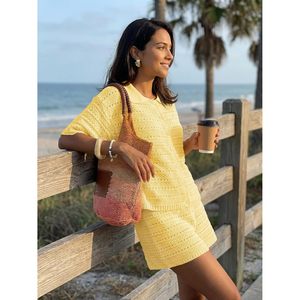Ensemble crocheté 2 pièces pour femmes, cardigan en tricot, shorts, col Peter Pan, tenue décontractée de plage, respirant, vêtements de vacances - Product Image 5