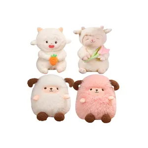 Fluffy Chubby Round Sheep Plush Pillow Kawaii Stuffed Farm Animal White Lamb Toys Holding Tulip Customized Plush Toy ISO Factory