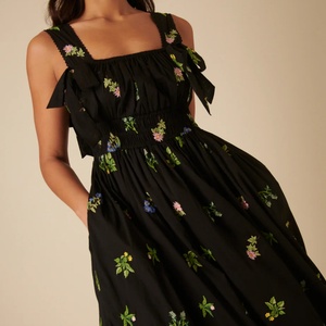 Vestidos de Algodón 100% Nuevos de Marca Original para Mujer, Vestido Midi Dallas Negro con Bordado Floral, Cintura Alta, Corte Holgado, Estilo Casual - Product Image 3