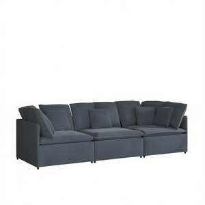 Divano componibile modulare in velluto grigio scuro per soggiorno, design moderno, braccioli quadrati, gambe in metallo, schienale imbottito - Product Image 1