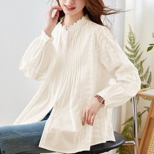 Cotton Embroidered White Shirt Women's Long Sleeve 2026 Spring New Design Organ Pleated Top Wooden Ear Collar Shirt - Product Image 6