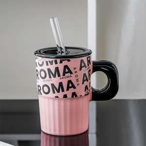 Grande tasse à café en céramique avec couvercle et paille, grande capacité, design élégant, pour couple, usage domestique, créative - Product Image 6