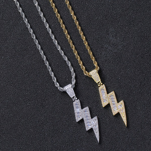 3-Row Iced Out Bolt Pendant, Men's Hip Hop CZ <b>Statement</b> <b>Necklace</b> for Clubbing & Streetwear - Product Image 4