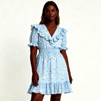 Nouvelle arrivée, robe courte d'été à col en V, à volants floraux, à manches courtes, à taille smockée pour femmes