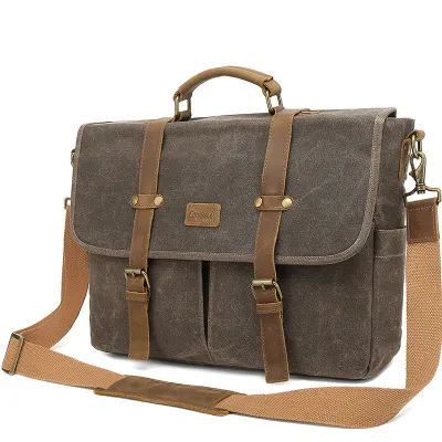 2021 Mens Messenger Bag Waxed Briefcase Large Satchel Shoulder Computer Laptop Bag Waterproof Vintage Genuine Leather 15.6 Inch