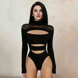 Body de Mujer con Cuello Alto y Malla, Estilo Gótico, Manga Larga con Aberturas, Ajustado y Elástico, Ropa Urbana - Product Image 3