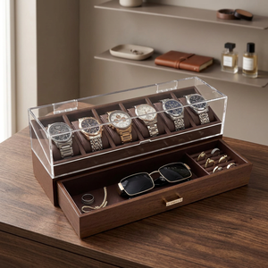 Wooden <b>Watch</b> Box With Drawer Faux Leather Lining Dustproof Display <b>Case</b> Rectangle Shape Snap Closure - Product Image 2