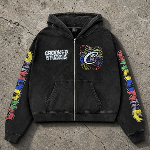Men's Oversized Vintage Acid Wash Zip-Up Hoodie Costom Full-Sleeve Letter Print Frontal Logo Streetwear Sweatshirt for Wholesale - Product Image 1